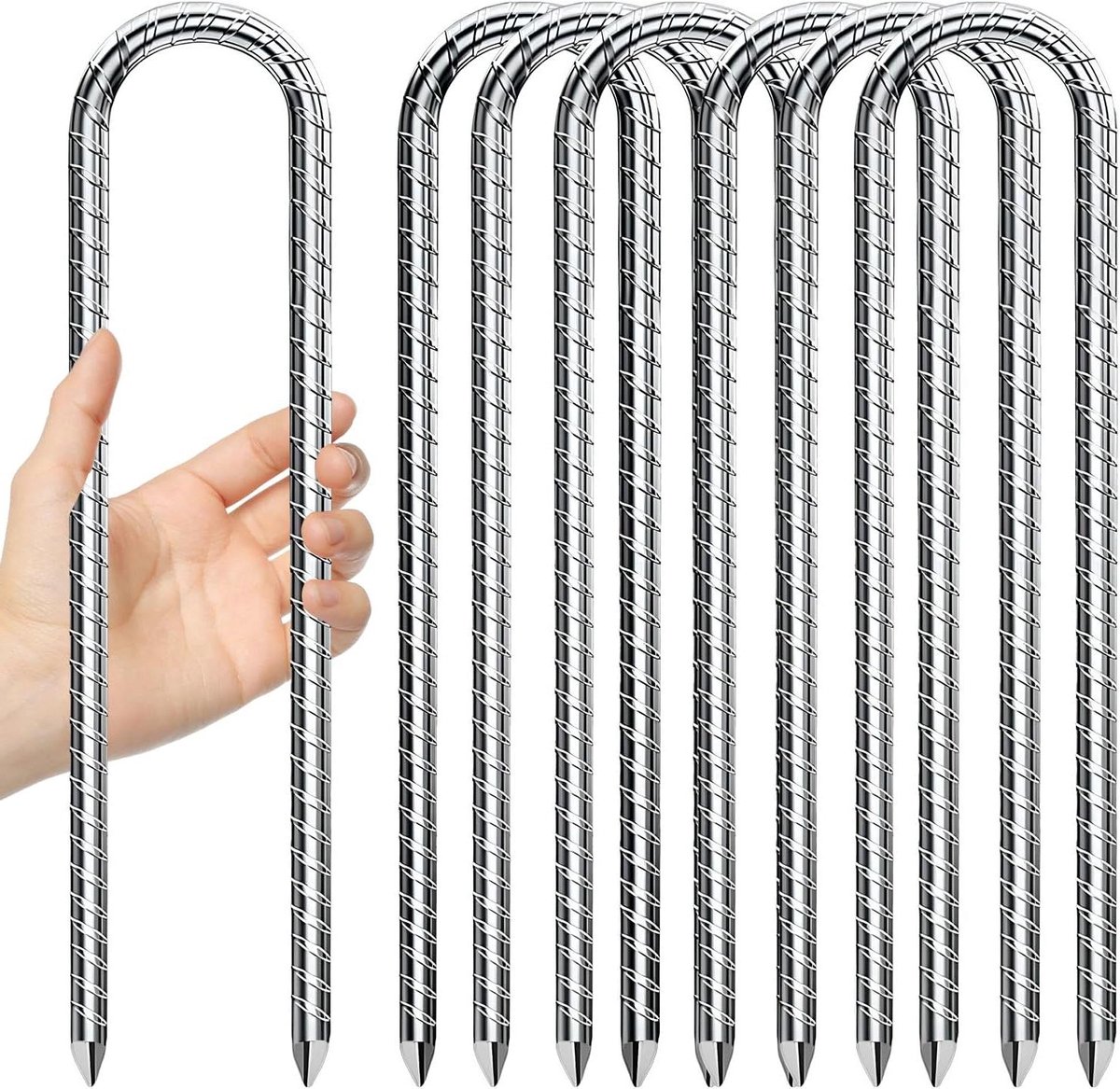 Set van 7 metalen haringen van metaal, 30 cm grondharingen, gegalvaniseerd staal, U-vormige trampolineharingen, grondankerharingen voor buiten, camping, trampoline, voetbalnet, schommel