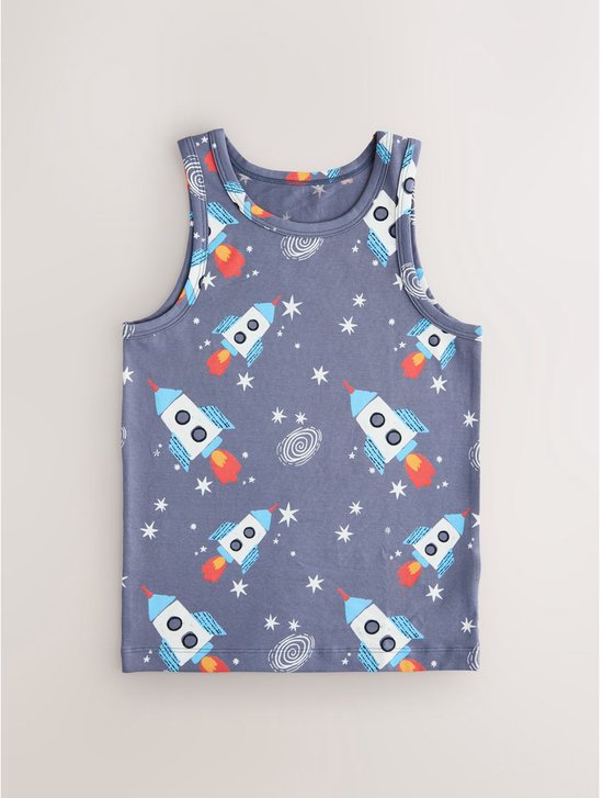 Grijs hemdje met een all-over print van witte raketten en sterren.
