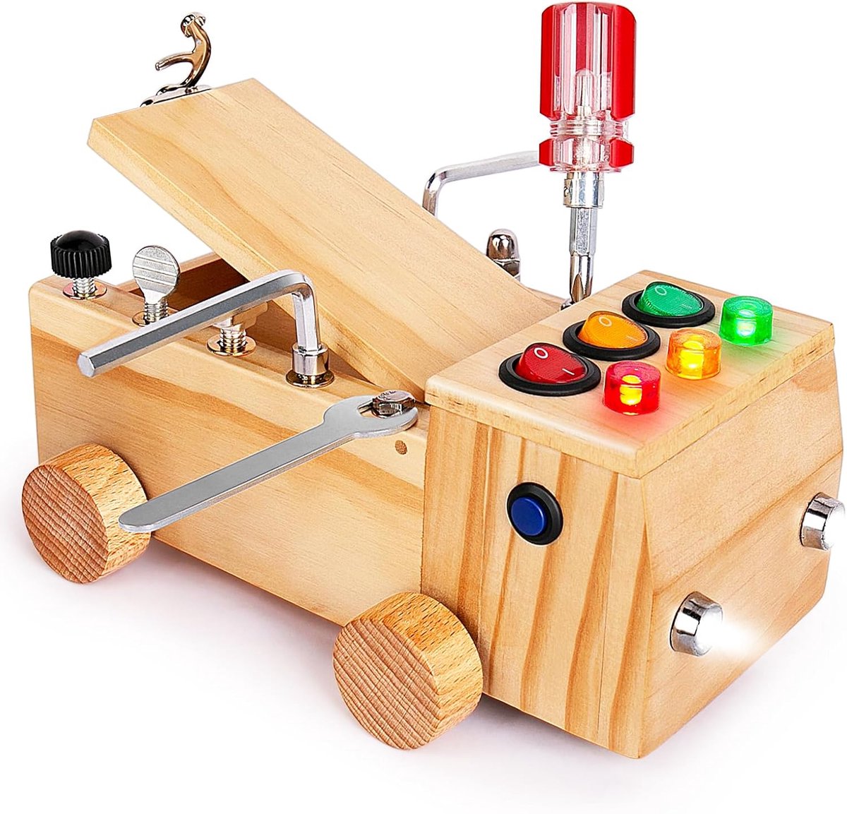 Houten Busy Board - Montessori Speelgoed - Kinderen Leren - Met LED Licht - 21.5 x 12.9 x 10.1 cm