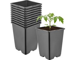 Garronda Set van 10 hoge vierkante kunststof kweekpotten met drainagegaten voor tuin (Zwart, 11 x 11 x 15,5 cm (1,25L)) GD-KW-HS