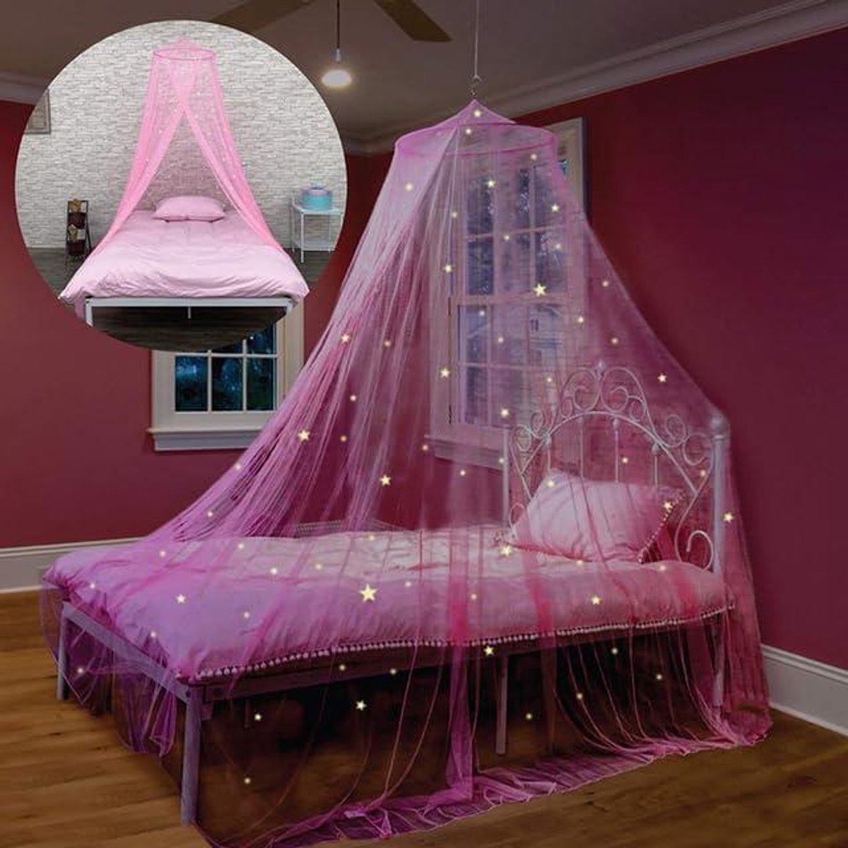 Bed Luifel Meisjes - Klamboe Prinses - Rustige Slaap - Gloeiende Sterren - 60x250x850cm - Roze