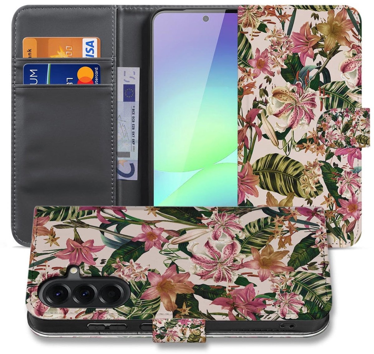Book Case Samsung Galaxy A37 Paars Wit Bloemen met Pasjeshouder