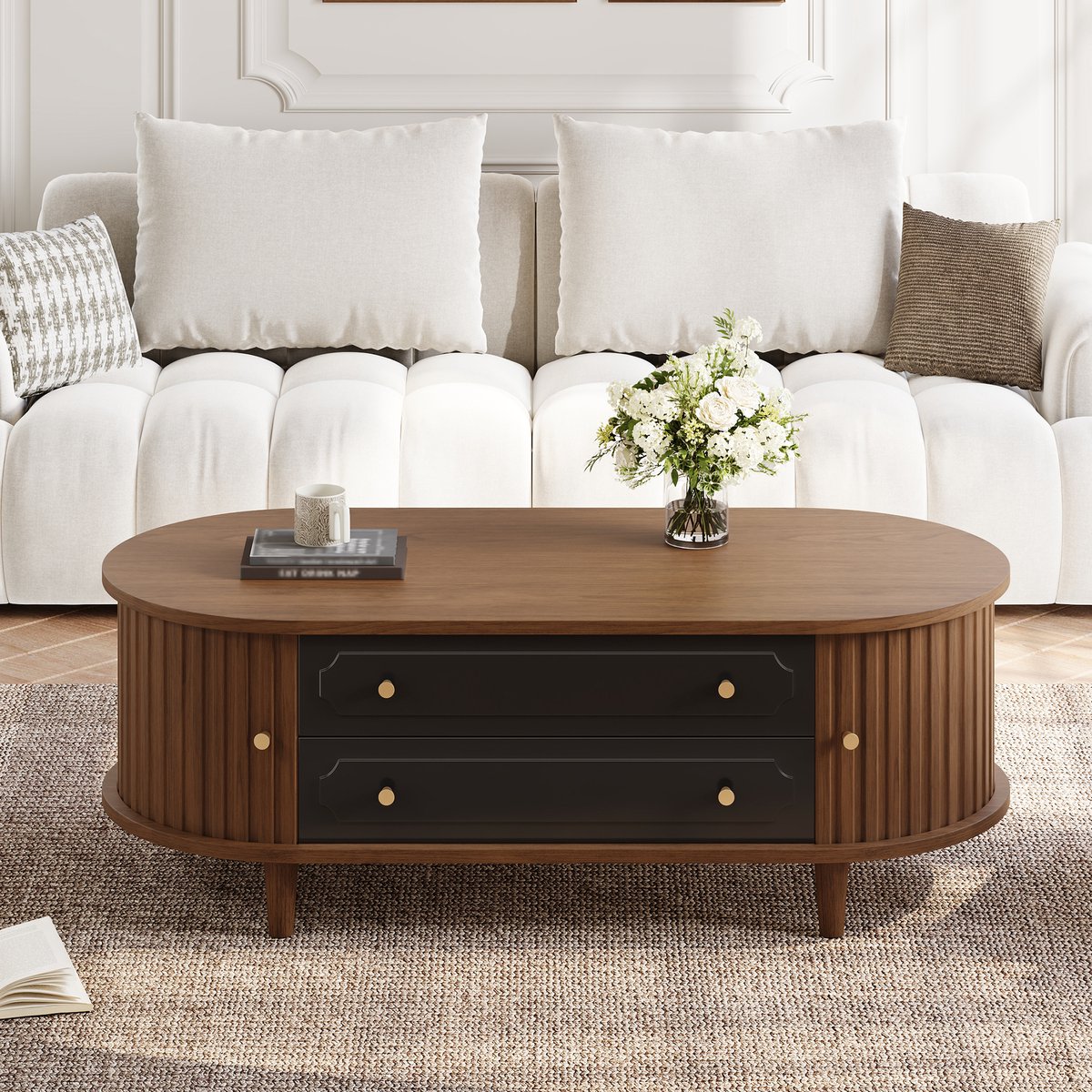 MODFU Salontafel - Met 2 Lades En 2 Roldeuren - Retro - Voor Woonkamer - Spaanplaat - Walnootkleur En Zwart - 100 X 50 X 36 Cm Okkernoot