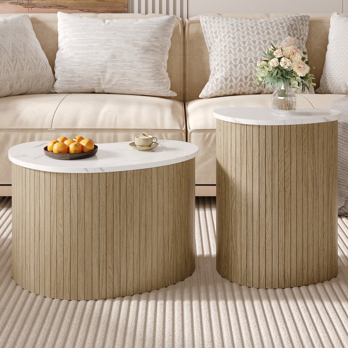 MODFU Salontafelset - Gebogen Vorm En Flexibele Opstelling - Scandinavische Stijl - MDF - Natuur En Wit - 60 x 37 x 38 + 40 x 25 x 50 cm