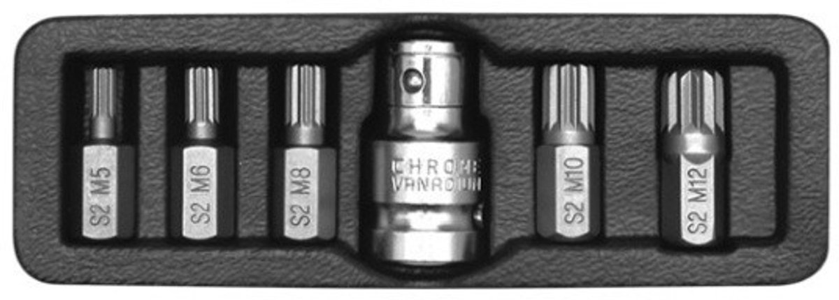 YATO Spline Bitset - 6-delig - M5 t/m M12 - Inclusief 1/2" Adapter - S2 Gereedschapsstaal (HRC 58-62) - Professionele Veeltand Set - YT-0414