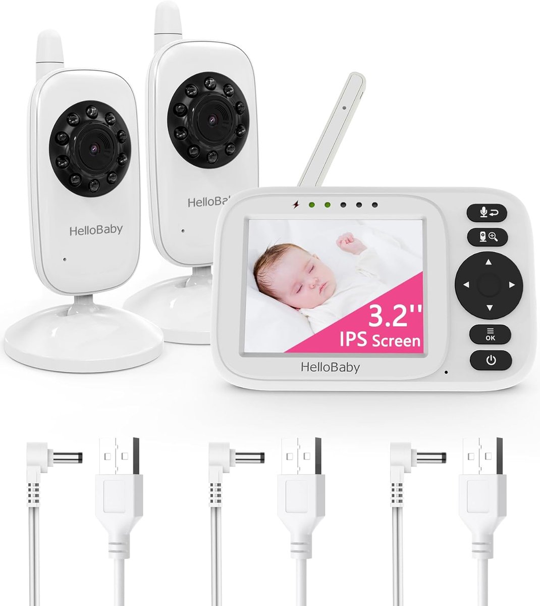 Babyfoon met 2 Camera's - Baby Monitor - Baby Bewaking - Geen Wifi Temperatuurmeting - 3.2 Inch Scherm - Wit