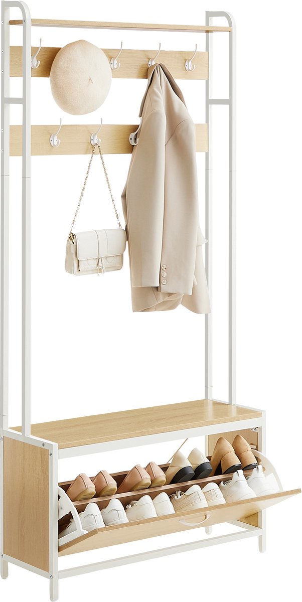Vasagle Kapstok - Kledingrek - Met Schoenenkast - Met Zitbank en 9 Haken - Voor Hal Slaapkamer Eikenkleurig-wit