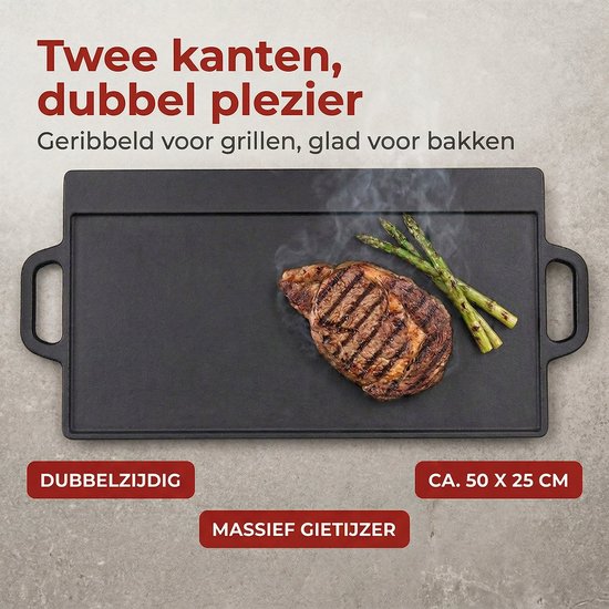 Cheqo® BBQ Grillplaat Gietijzer Dubbelzijdig - Bakplaat - Plancha - Braadplaat - Grillrooster - BBQ Plaat - Geribbeld en Glad - voor Barbecue en Kampvuur - Open Vuur — afbeelding 3