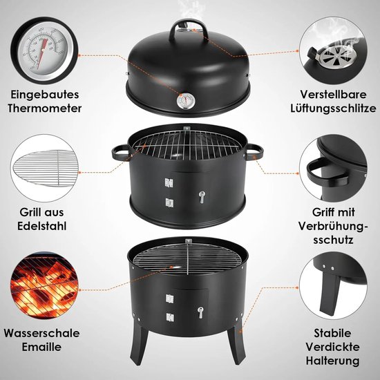 Seth Select Houtskool BBQ, Grill BBQ, Smoker BBQ, BBQ Smoker Grill met Handgrepen, 3-in-1 houtskool BBQ, Zwart van Merkloos — afbeelding 2