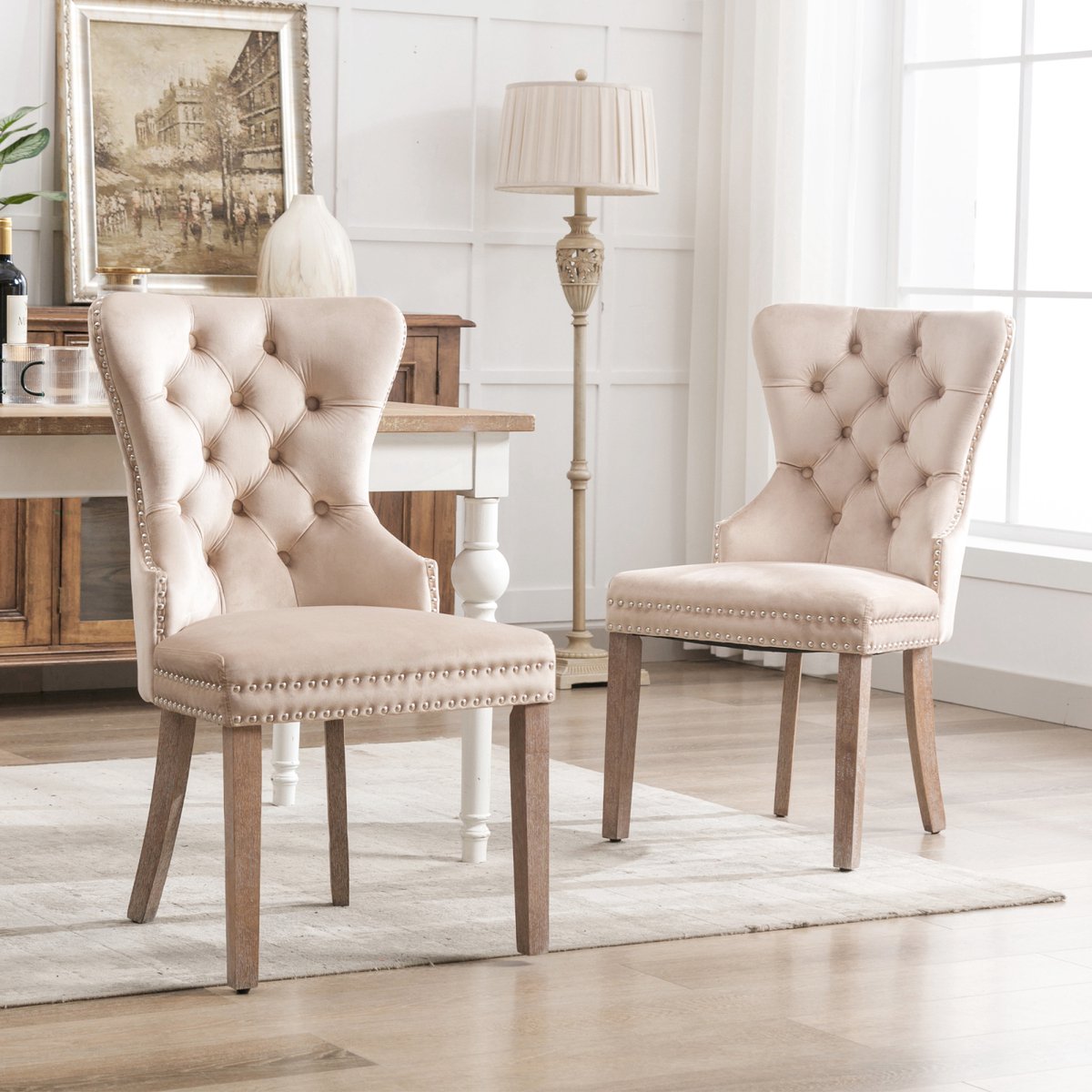 Eetkamerstoelen set van 2 woonkamerstoelen, gestoffeerd, houten poten, verstelbare voetjes, fluwelen bekleding, max. 150 kg, beige