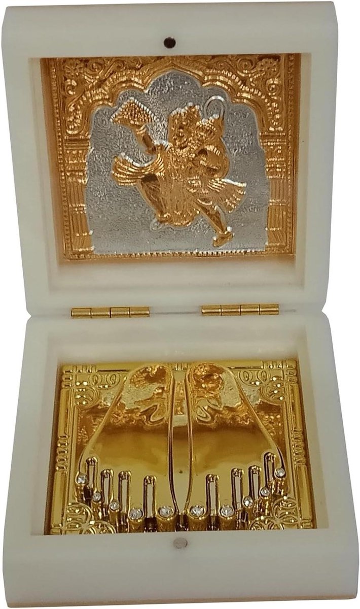 Purpledip Hars Puja Geschenkdoos: Hanuman Bajrangbali met gouden voeten Paduka voor reizen of cadeau (12394E)