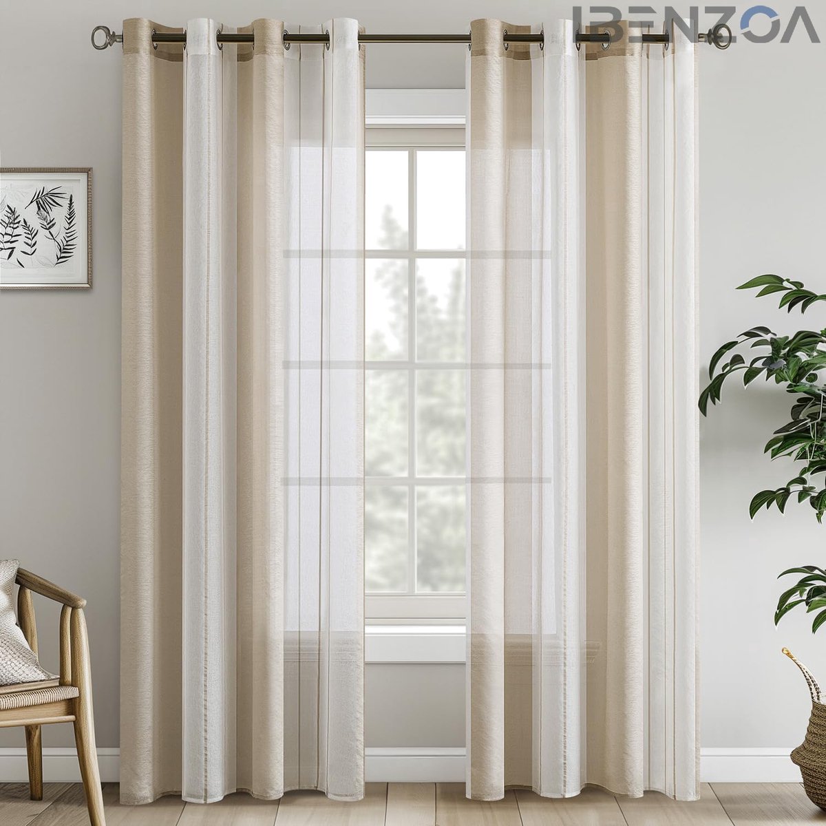 Ibenzoa Transparante Gordijnen - Gestreept - 140x215 cm - Beige/Wit - Voile Beige;Wit