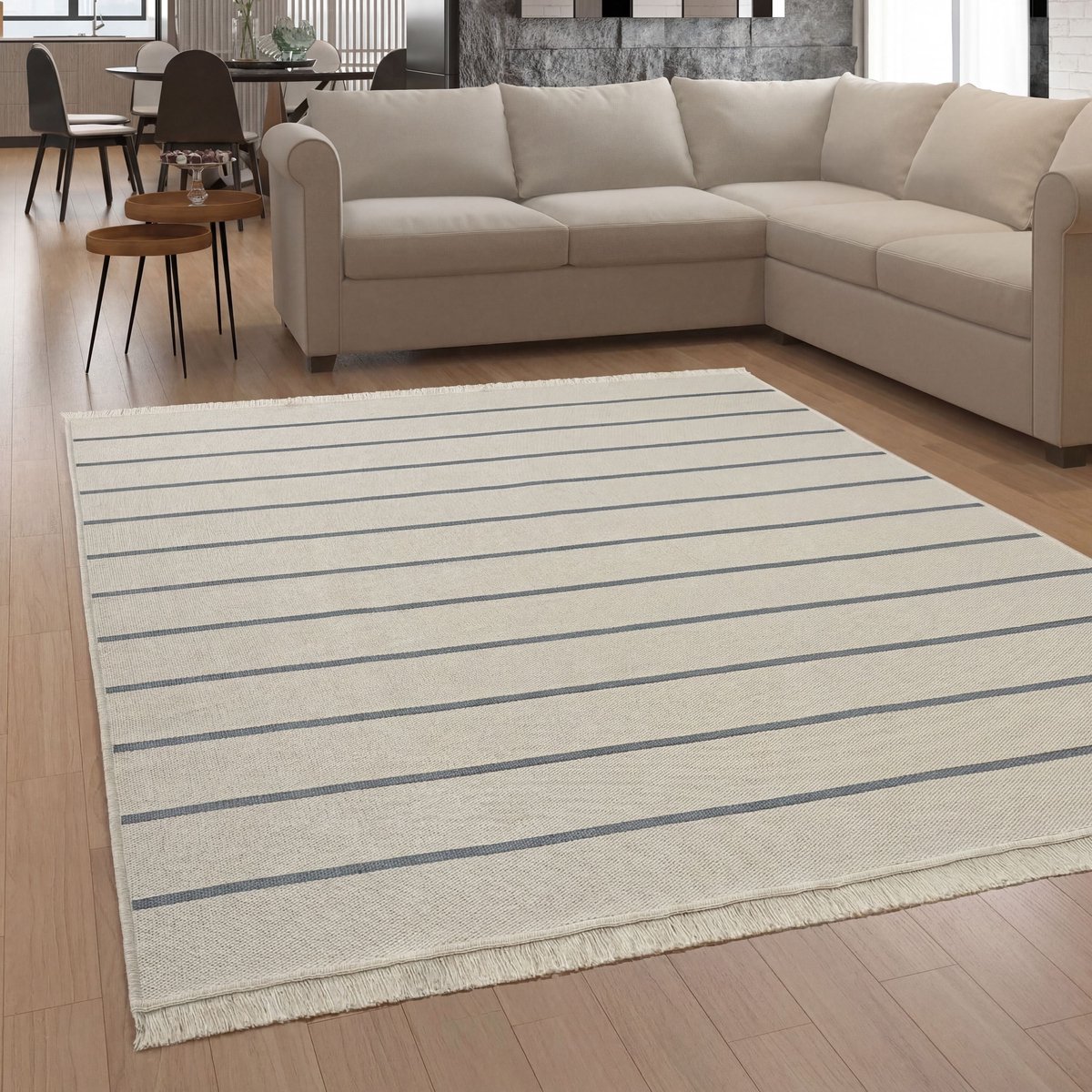 Paco Home Wasbaar Woonkamer Tapijt Geometrisch Strepen Patroon Franjes Grijs Crème 140x200 cm