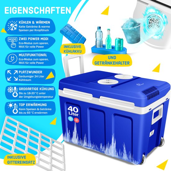 KESSER® 40L Thermo Elektrische Koelbox met wielen - voor warm houden en koelen - Coolbox - 12 volt en 230 volt| minikoelkast - thermobox voor auto| boot en camping - met ECO-modus - 40L, Blauw van Merkloos — afbeelding 3