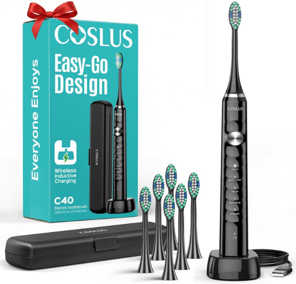 COSLUS Sonic Elektrische Tandenborstel C40 (Zwart)– 5 Modi (Gevoelige Tanden & Beugel) + 6 Opzetborstels – Dieptereiniging - Draadloos Opladen – Reisetui