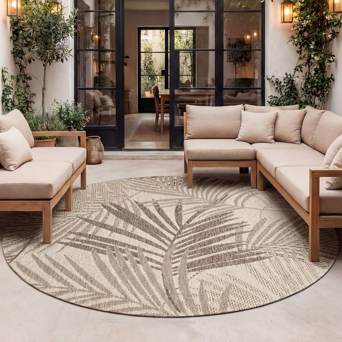 Fraai Rond buiten vloerkleed - Tiga Palm Taupe - Ø 160cm