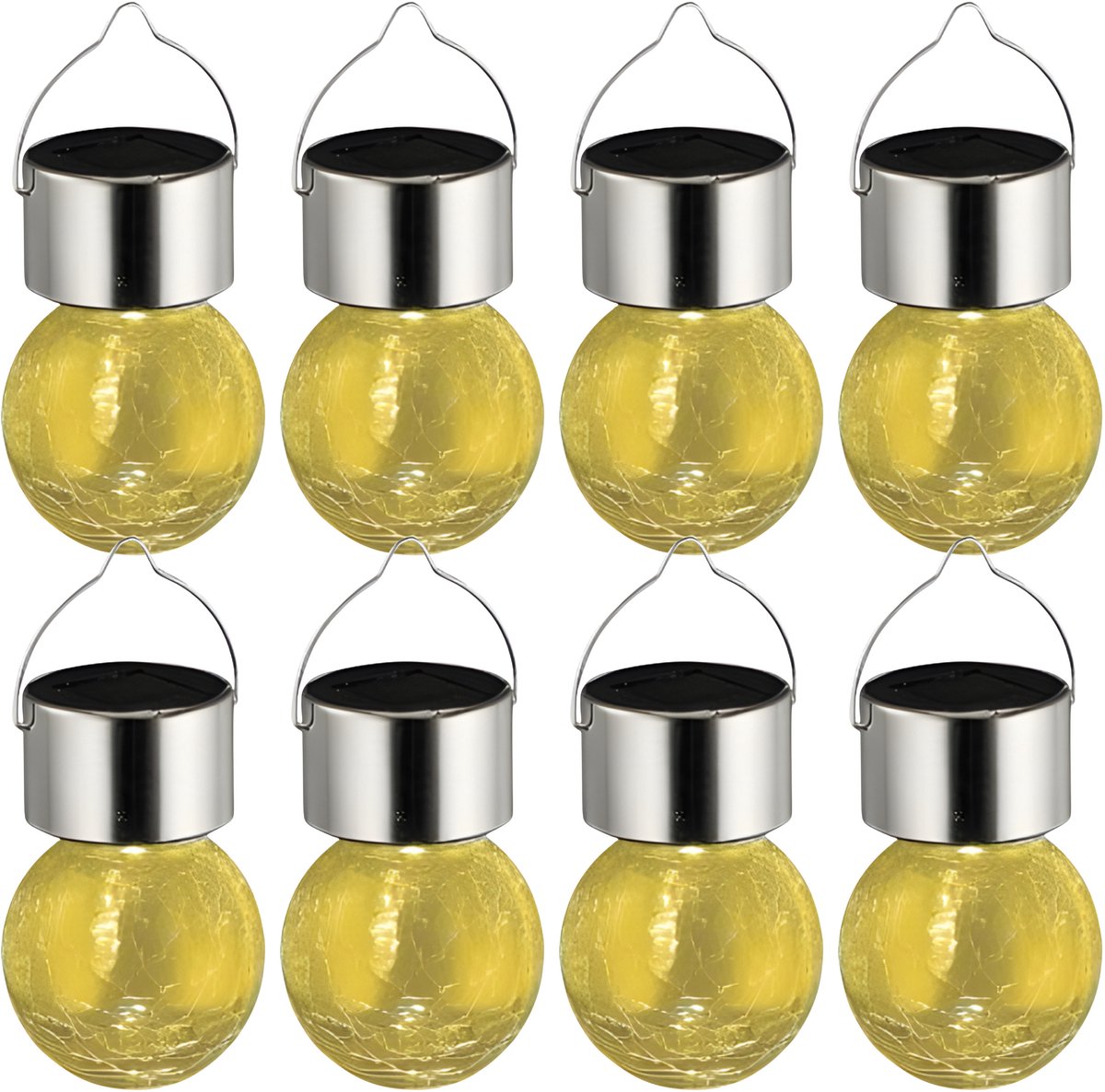 Sunnydays Solar sfeer hanglamp - 8x - tuin - lampenbol - geel - glas - 9 cm - ophang haakj