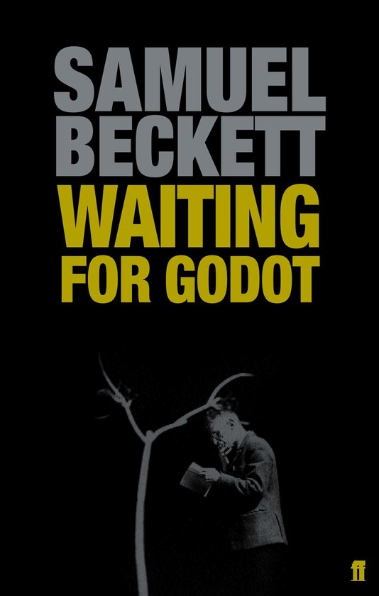 Couverture du livre 'Waiting for Godot' de Samuel Beckett, avec une image d'un homme portant un chapeau.