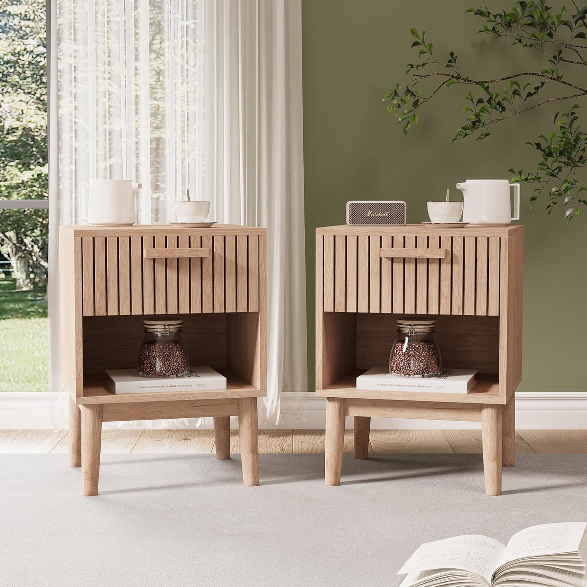 Nachtkastjes Set - Bijzettafel - Boxspring Bed - Verticale Golfstructuur - 40x40x55 cm - Wit