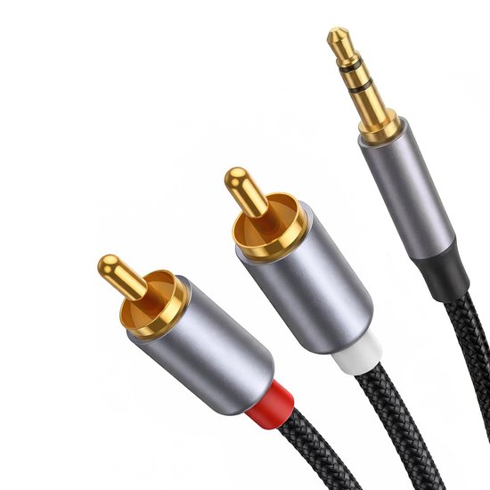 Câble jack 3.5mm doré vers 2 RCA avec connecteurs gris et dorés. Câble tressé.