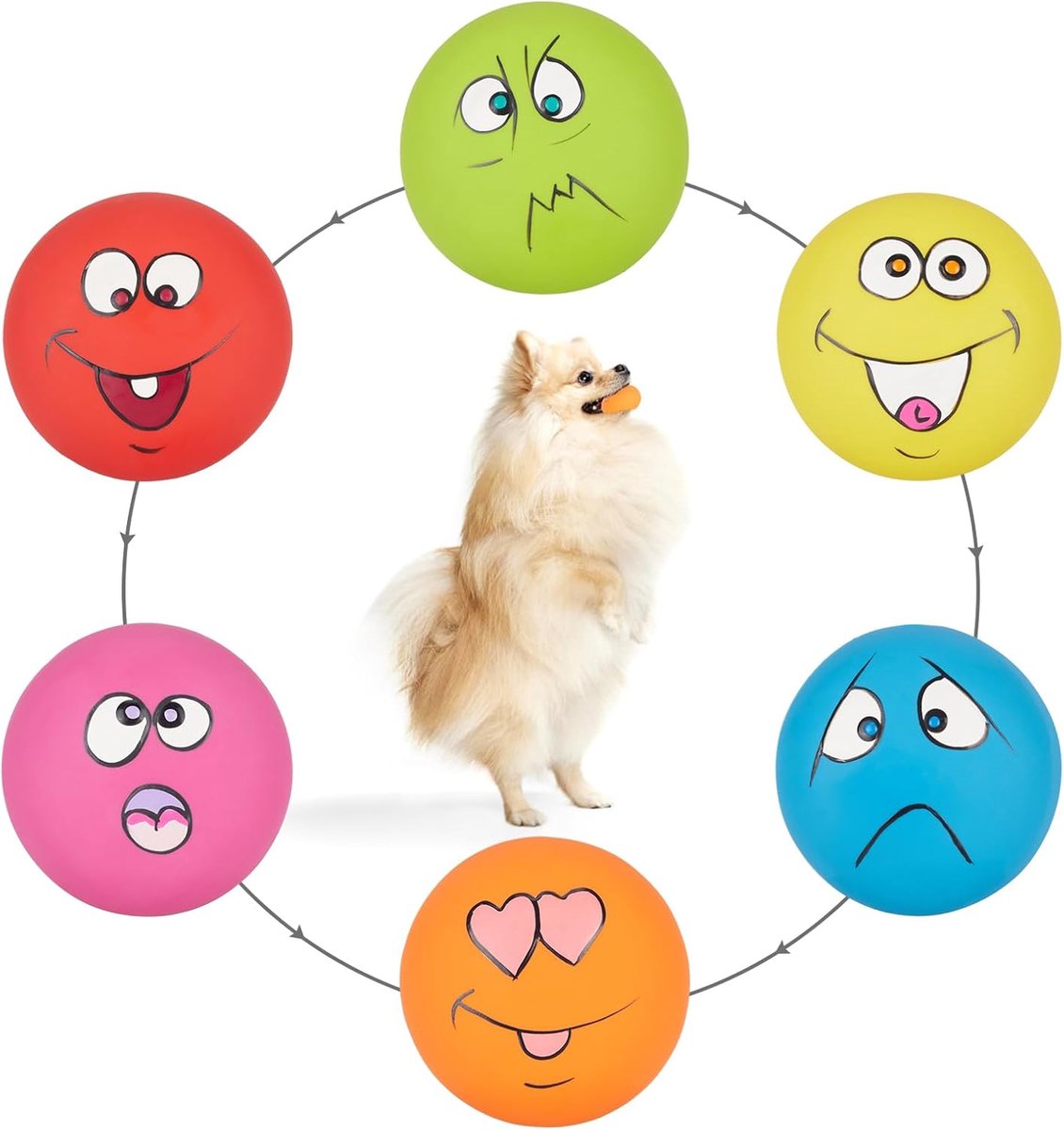 Honden Speelgoed Ballen - Piepend Kauwspeelgoed - Interactief Spelen - Vrolijke Emoticons - 6 x 5.6 cm - Meerkleurig