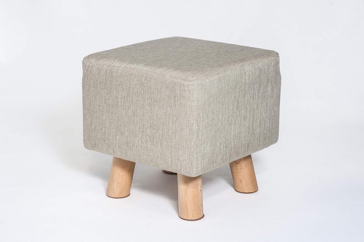 Ottoman Pouffe Kruk - Voetbank Gestoffeerd - Zitje Woonkamer - Afneembare Linnen Hoes - 29x29x30 cm - Beige