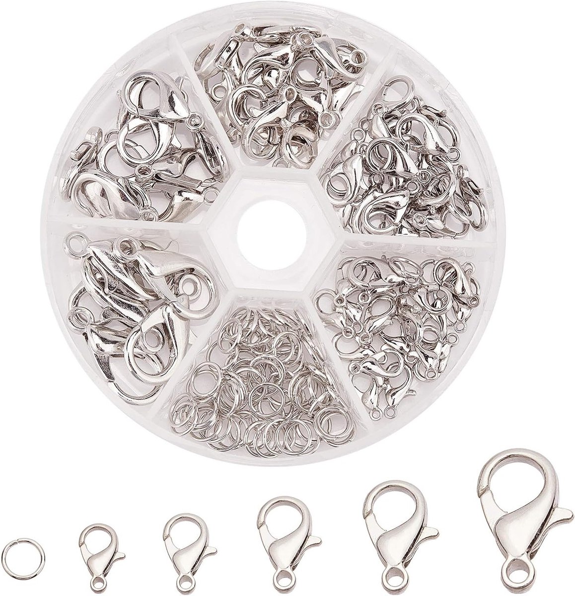 Platina kleurige zinklegering kreeftsluitingen en ijzeren springringen voor sieraden, 1-2mm, ideaal voor handgemaakte accessoires en DIY-projecten