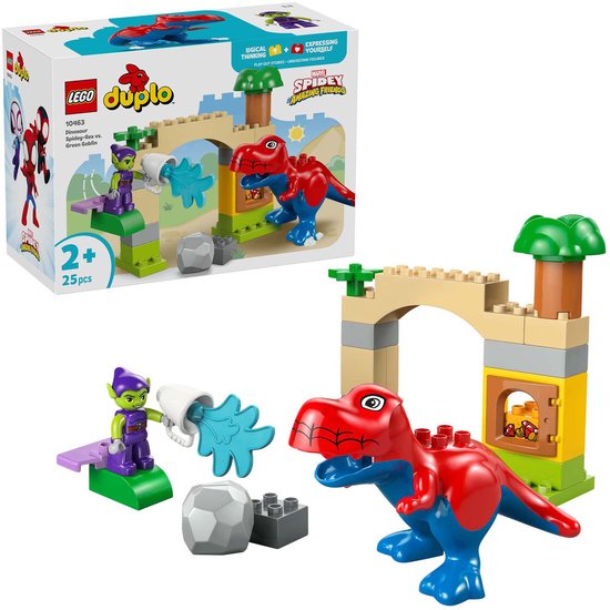 LEGO Duplo Spidey-Rex vs. Green Goblin set met rode en blauwe dinosaurus.