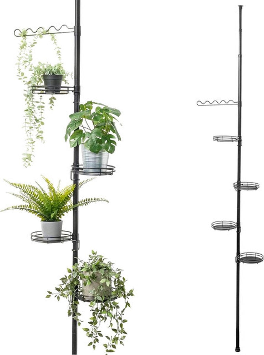 Sierra, telescopisch bloemenrek met 4 planken en klimhulp, voor in de woonkamer, gang, badkamer of keuken - met variabele inbouwhoogte van 140 tot 290 cm (Zwart)