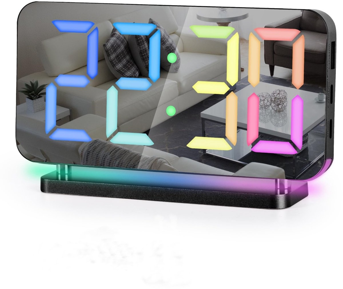 longziming -Digitale Wekker Met Spiegel - LED Klok Met Spiegellopervlak - Nachtklok - RGB Sfeerverlichting Met 10 Modi - Duurzaam ABS Materiaal - Ideaal Voor Slechtzienden En Moderne Slaapkamers - 1 Stuk - Zwart