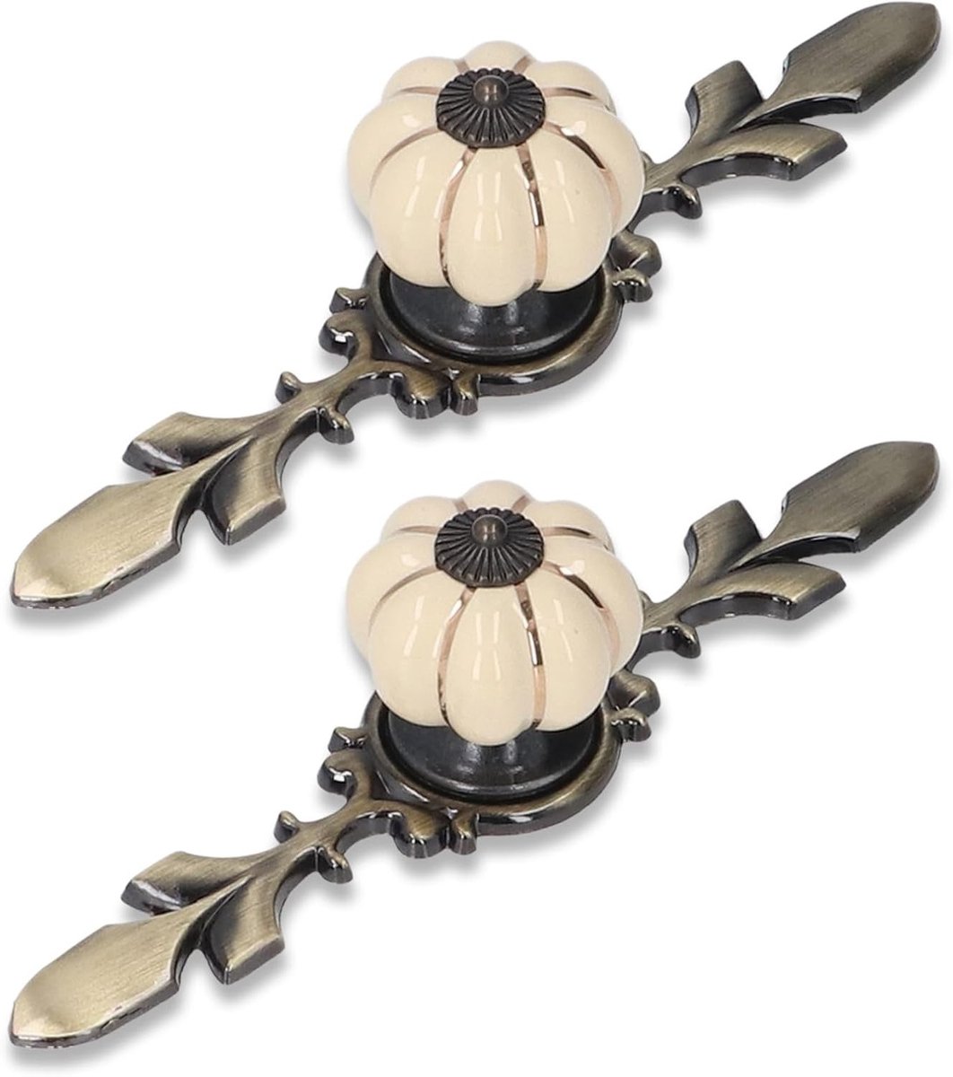 Keramische Knoppen in Pompoenvorm - 2 Stuks voor Keukenladen en Meubelgrepen met Schroeven (Beige) - Decoratieve Handgrepen voor Kasten en Dressoirs