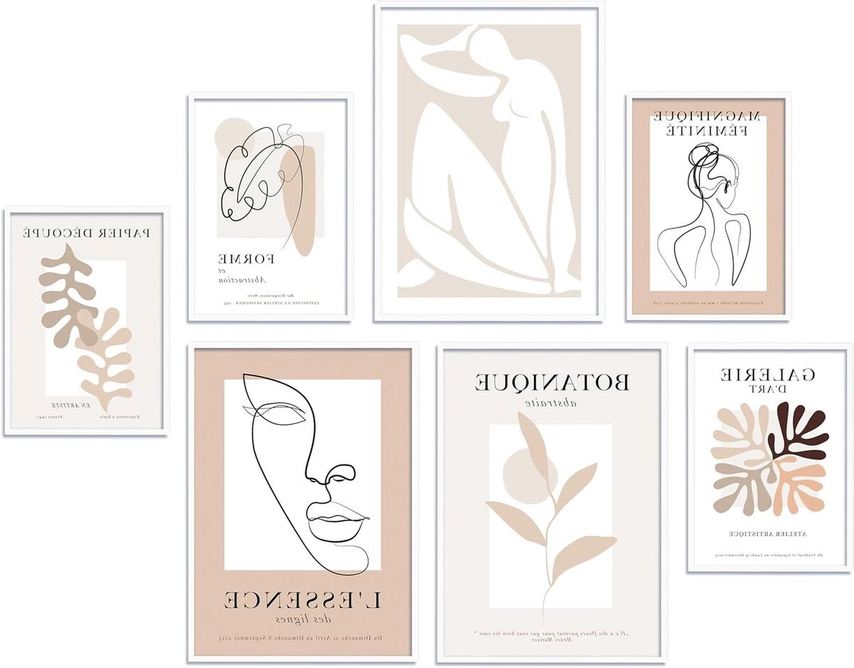 Posterset Madame - Wanddecoratie set - Woonkamer aankleden - 7 harmonische afbeeldingen - 7 Delig - Wit