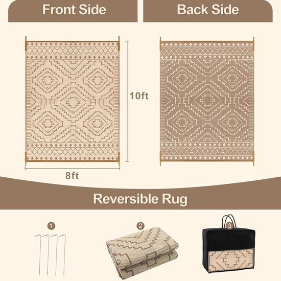 Outdoor tapijt - Plastic vloerkleed - Buitenleven comfort - Omkeerbaar design - 8 x 10 voet - Beige en bruin van Merkloos — afbeelding 4