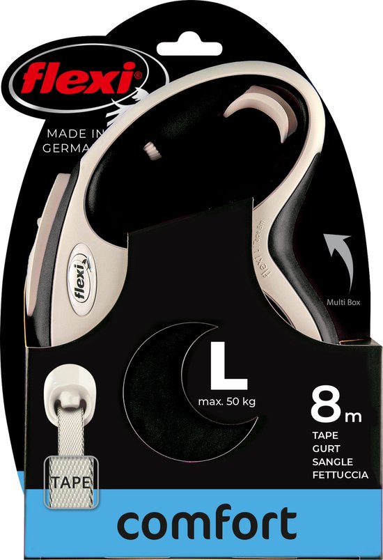 Emballage de la laisse Flexi Comfort L pour chien, couleur noir et gris, avec sangle de 8 mètres.