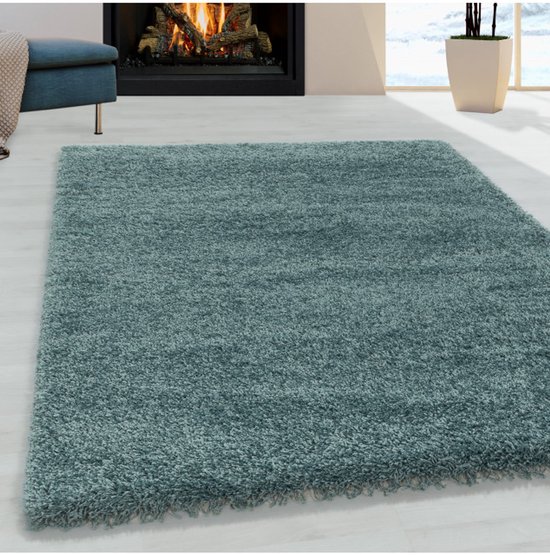 Shaggy Design vloerkleed voor de woonkamer, zachte pool, monochroom, aqua 140x200 cm