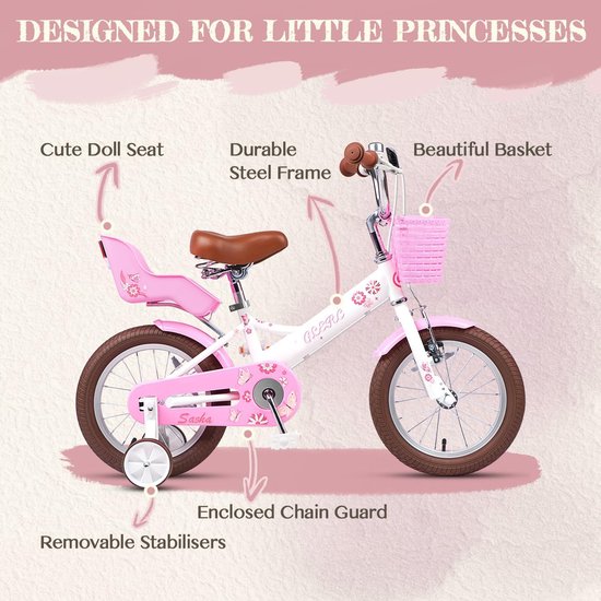 Kinderfiets Meisjes - Fiets voor kinderen - Leren fietsen - Inclusief poppenstoel - 14 inch - Wit van Merkloos — afbeelding 2