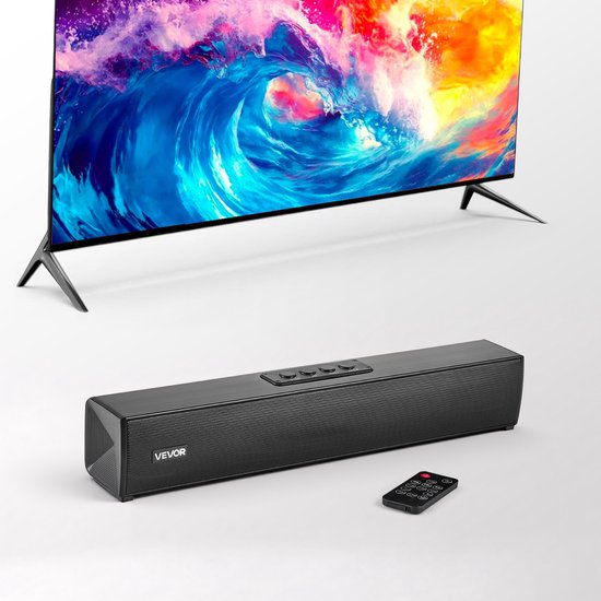 Zwarte VEVOR soundbar naast een tv, met afstandsbediening op de voorgrond. Compact en stijlvol design.