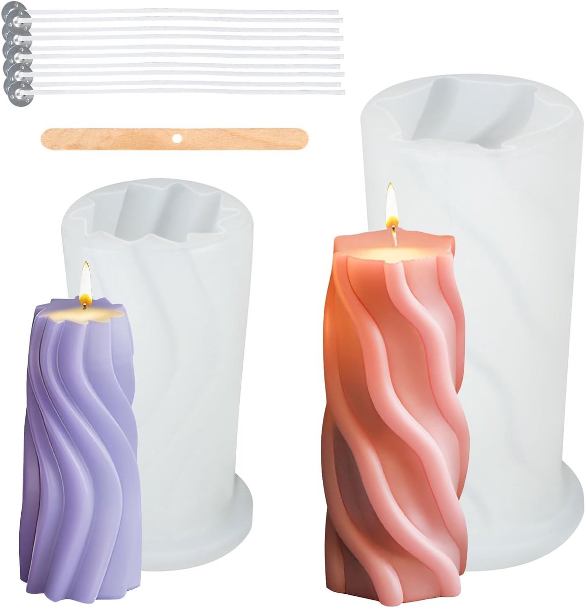 Set van 2 Siliconen Kaarsen Mallen, 3D Spiraal voor Gieten met 10 Lontjes, Houten Stokje en DIY Aromatherapie Accessoires