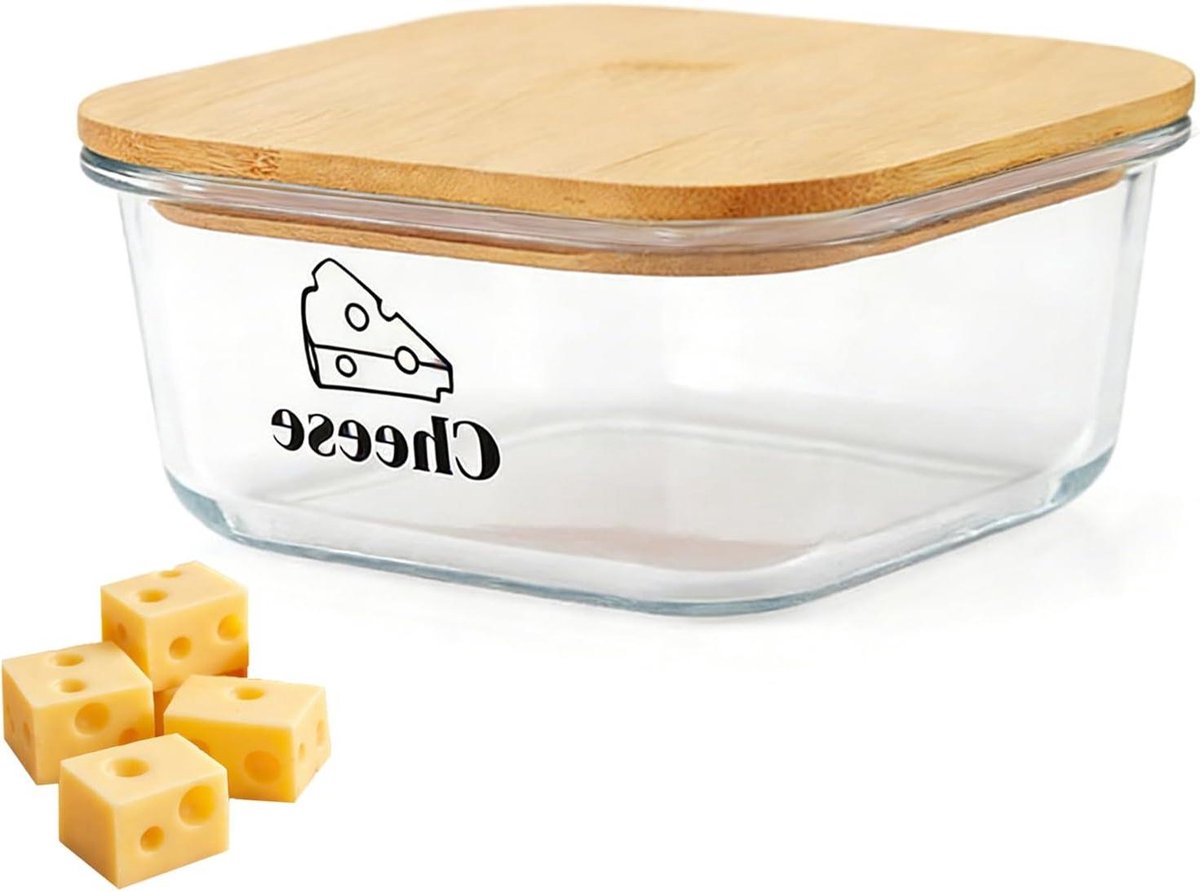 Kaasbox Koelkast - Kaasdoos Vleeswaren - Voedsel Bewaren - Borosilicaatglas Bamboe - 1200 ml - Transparant