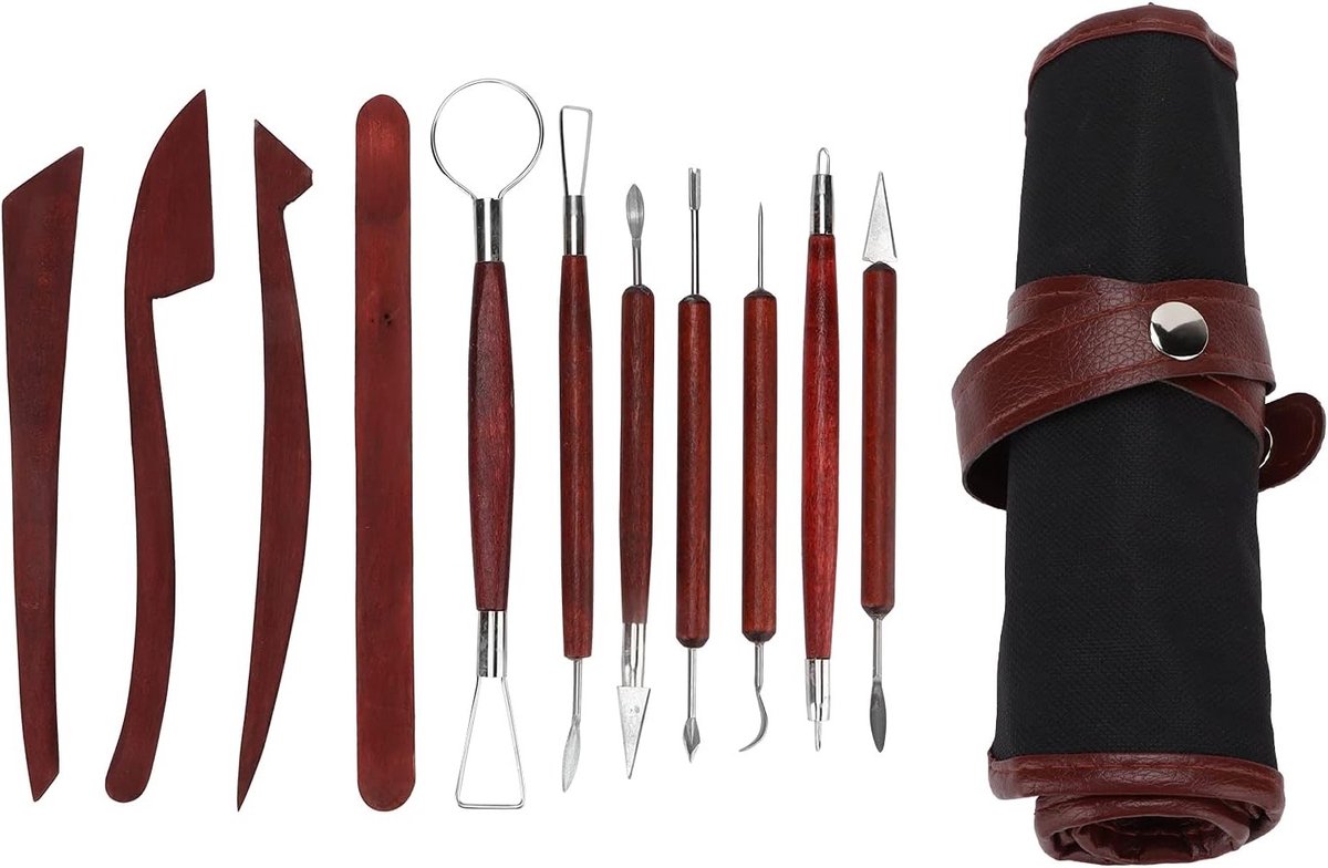 Complete Set van 11 Stukjes Kleisnijgereedschap voor Keramische Sculpturen en DIY Creaties, Inclusief Rolsysteem en RVS Accessoires