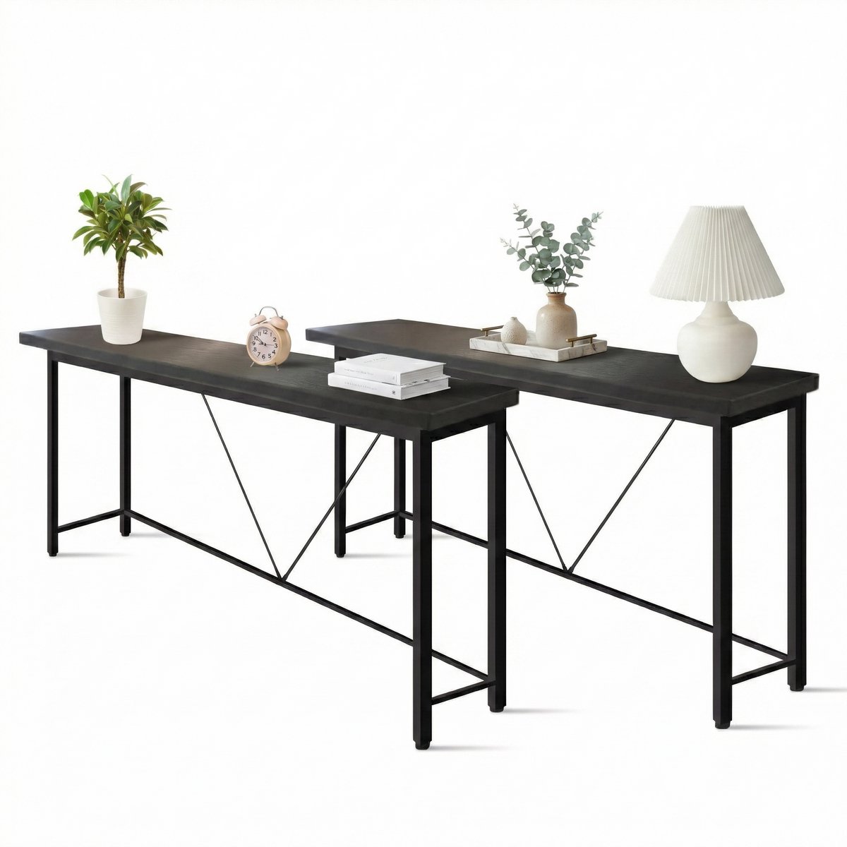 IvoQ Sidetables - Set van 2 - Zwart - Smalle Industriële Consoletafels - 120x23 cm - Haltafels