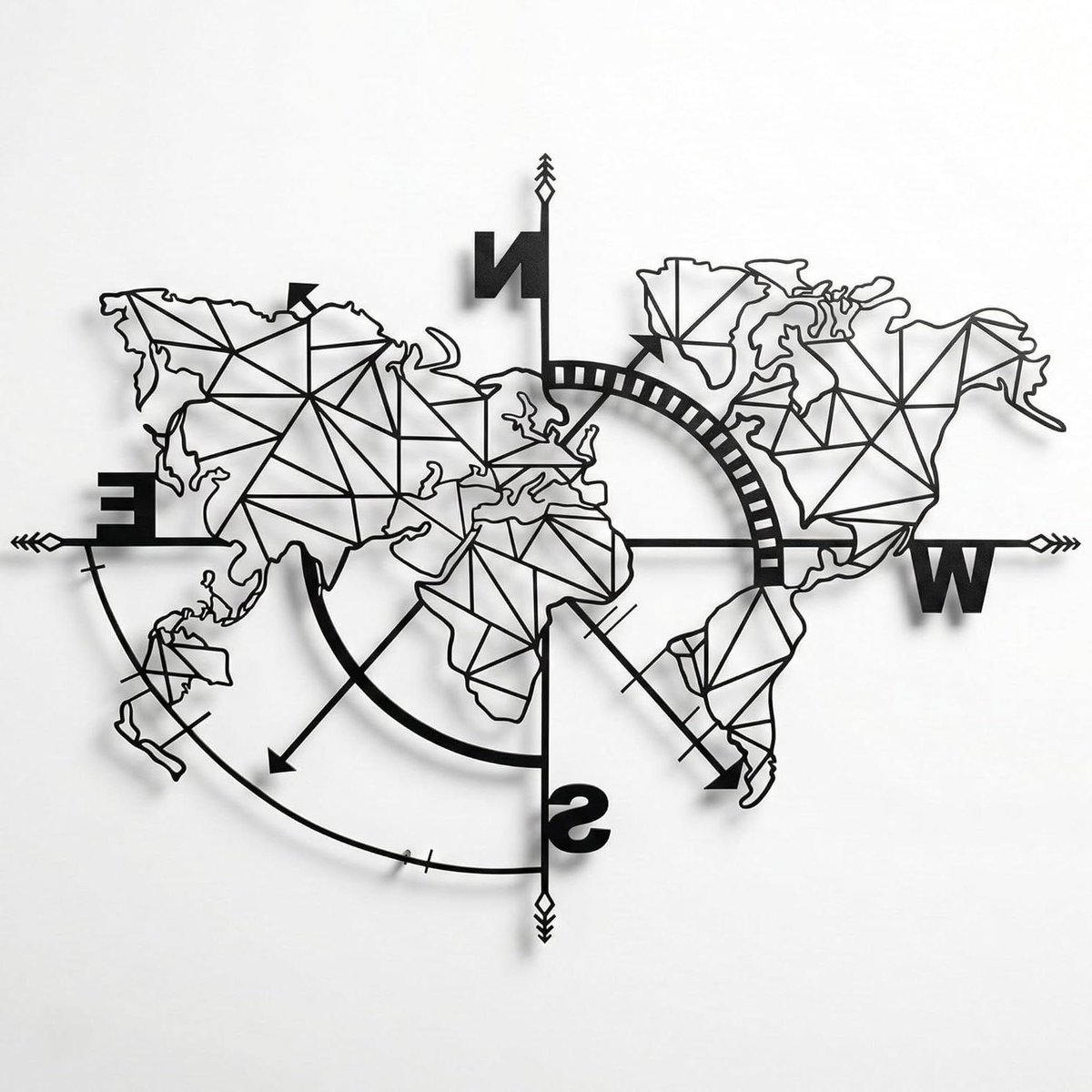 Metalen Wereldkaart - Wanddecoratie Kunstwerk - Huis Inrichten - Geometrisch Kompas Design - 101 x 75 cm - Zwart