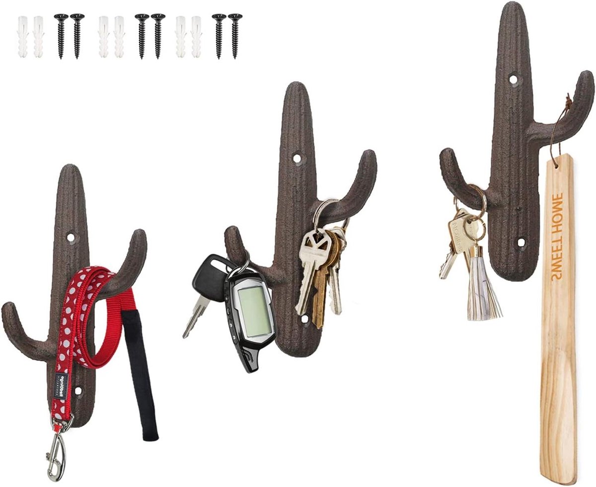Gietijzeren Haken - Wandhangers Decoratief - Jassen Tassen Ophangen - Cactus Vorm - 3 stuks - Rustiek Bruin