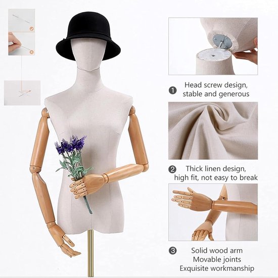 Dames Mannequin - Etalagepop Buste - Kleding Presenteren - Afneembare Kop en Armen - Verstelbaar 140-190 cm - Zilver — afbeelding 5