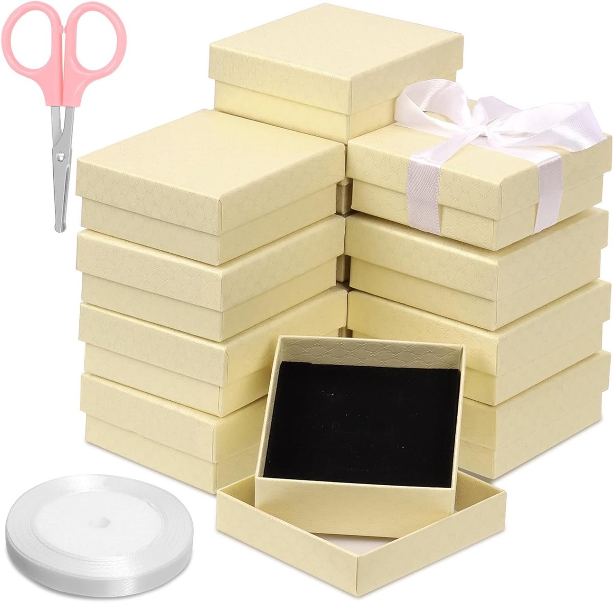 17-delige Champagne Kleur Sieraden Geschenkdoos Set met Schaar en Witte Riem, Perfect voor Kettingen, Oorbellen en Armbanden met Diamantpatroon