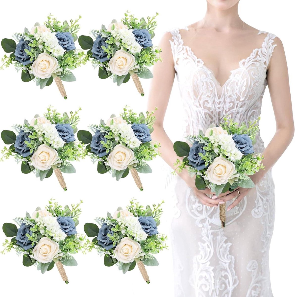 Bruidsmeisjes Boeketten - Kunstbloemen Boeketten - Bruiloft Decoratie - Handgemaakt Ontwerp - 7 inch - Stoffig Blauw en Groen
