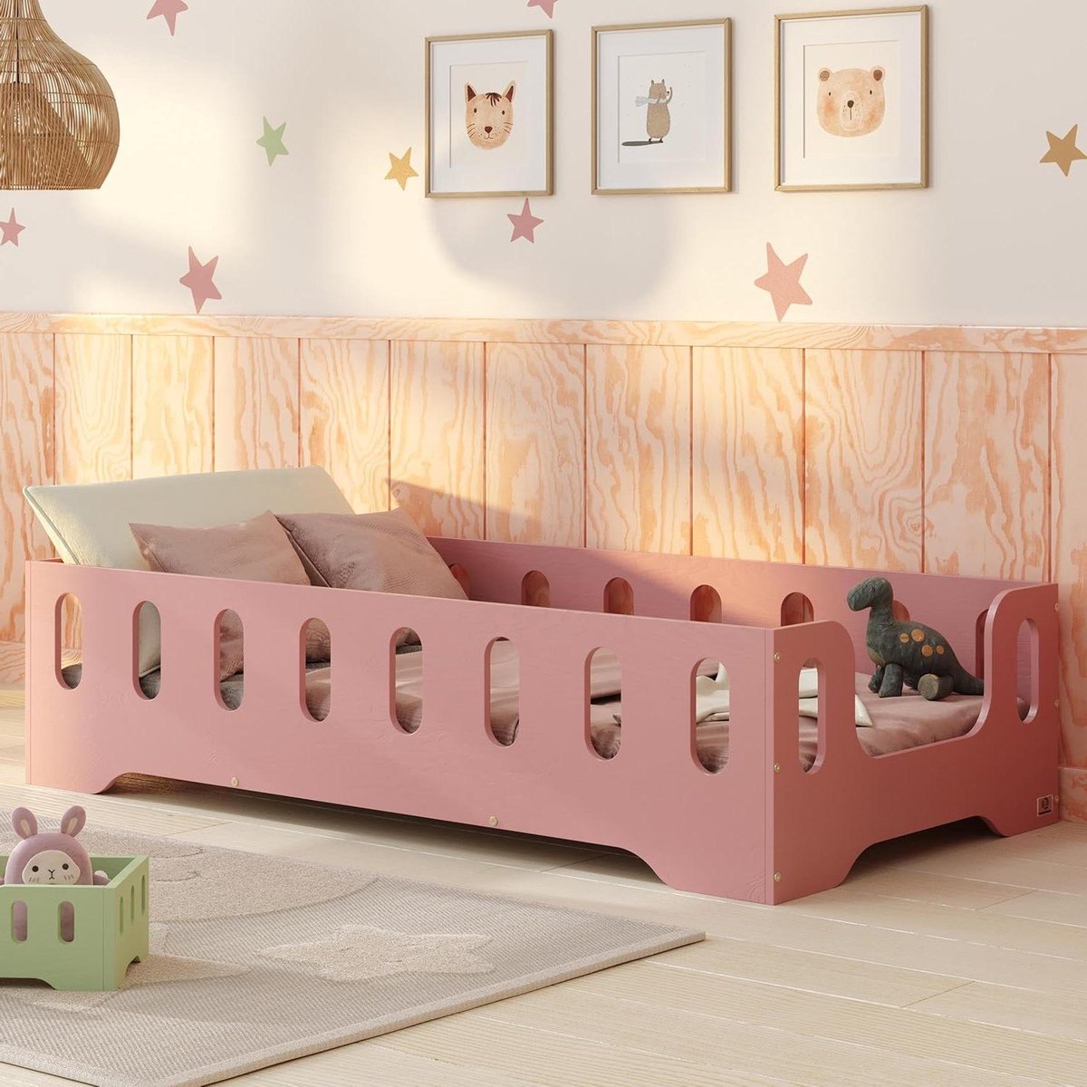 Kinderbed - Montessori bed Vloerbed - Veilig slapen - FSC-gecertificeerd hout - 90x200 cm - Roze