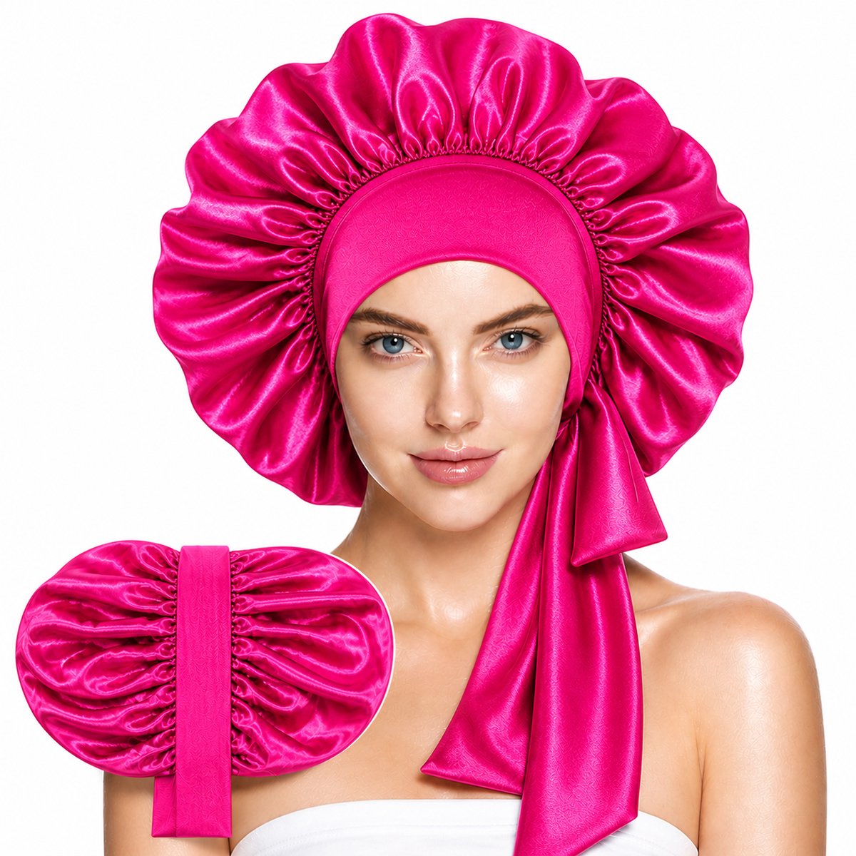 Xaria Satijnen Slaapmuts – Dubbelzijdig Satijn Binnen & Buiten – Verstelbare Bonnet met Lange Lussen – Tegen Pluis & Haarbreuk – Fuchsia