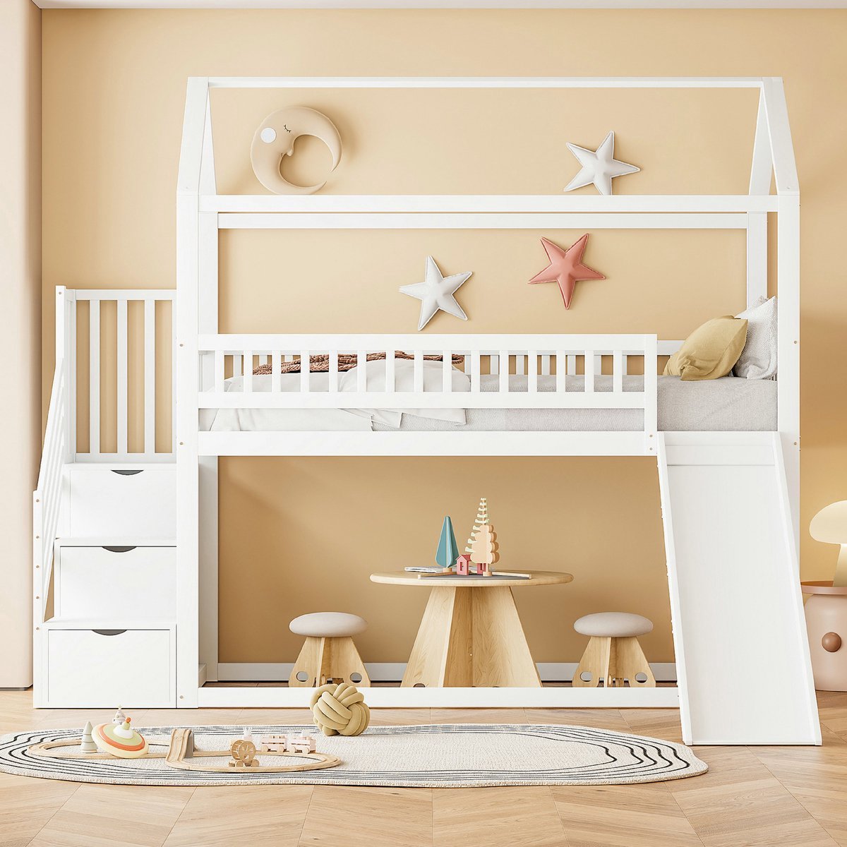 VVBV Stapelbed 90x200 – met Glijbaan – Kinderstapelbed met Opbergruimte en Veiligheidshek – Massief Hout – Wit – Lattenbodem – Voor Kinderen en Tieners
