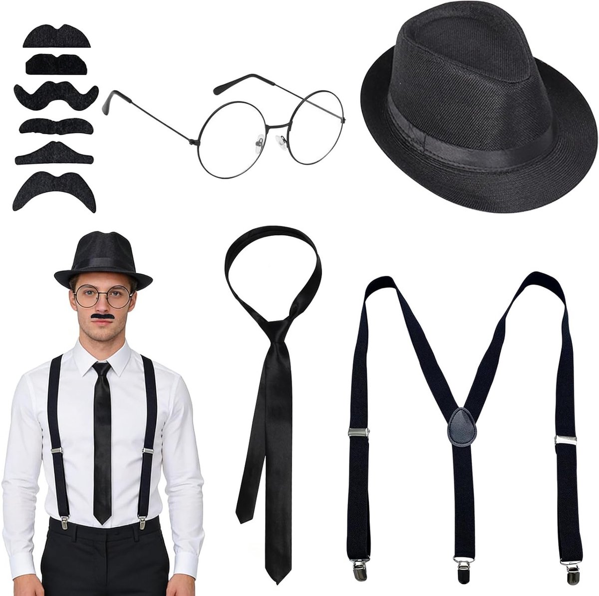 Agent Kostuum Accessoires Set voor Mannen, Spy Outfit met Hoed, Braces en Zwarte Stropdas, Perfect voor Verkleedpartijen en Themadagen